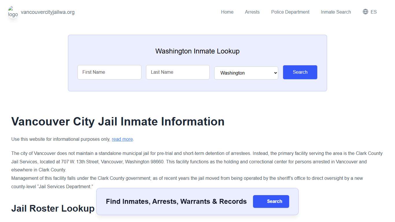 Vancouver Jail, WA Inmate Roster, Municipal Jail Info